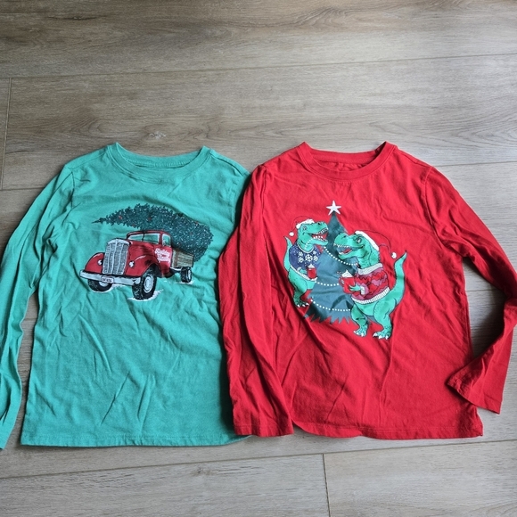 EUC Little Boy S (6/7) Set of 2 Christmas Long Sleeve Crew Neck Tees Dino Truck - Picture 1 of 10